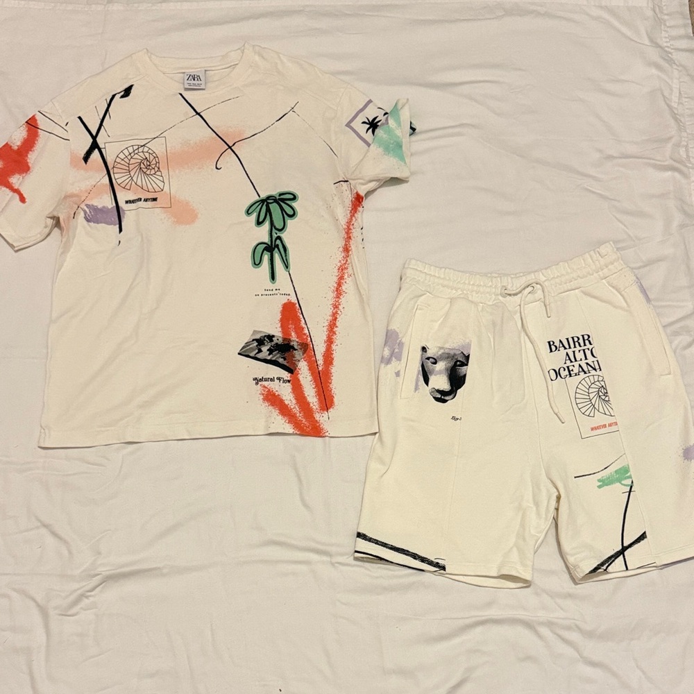 Zara White Graphic Tee and Shorts Set with Orange, Green and Black Accents